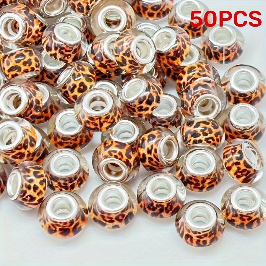 TEMU 50pcs Wolf And Lion Print Large Hole Beads- Vibrant Resin For Necklaces, Bracelets, Earrings| Jewelry Making Supplies With Glossy Surface,