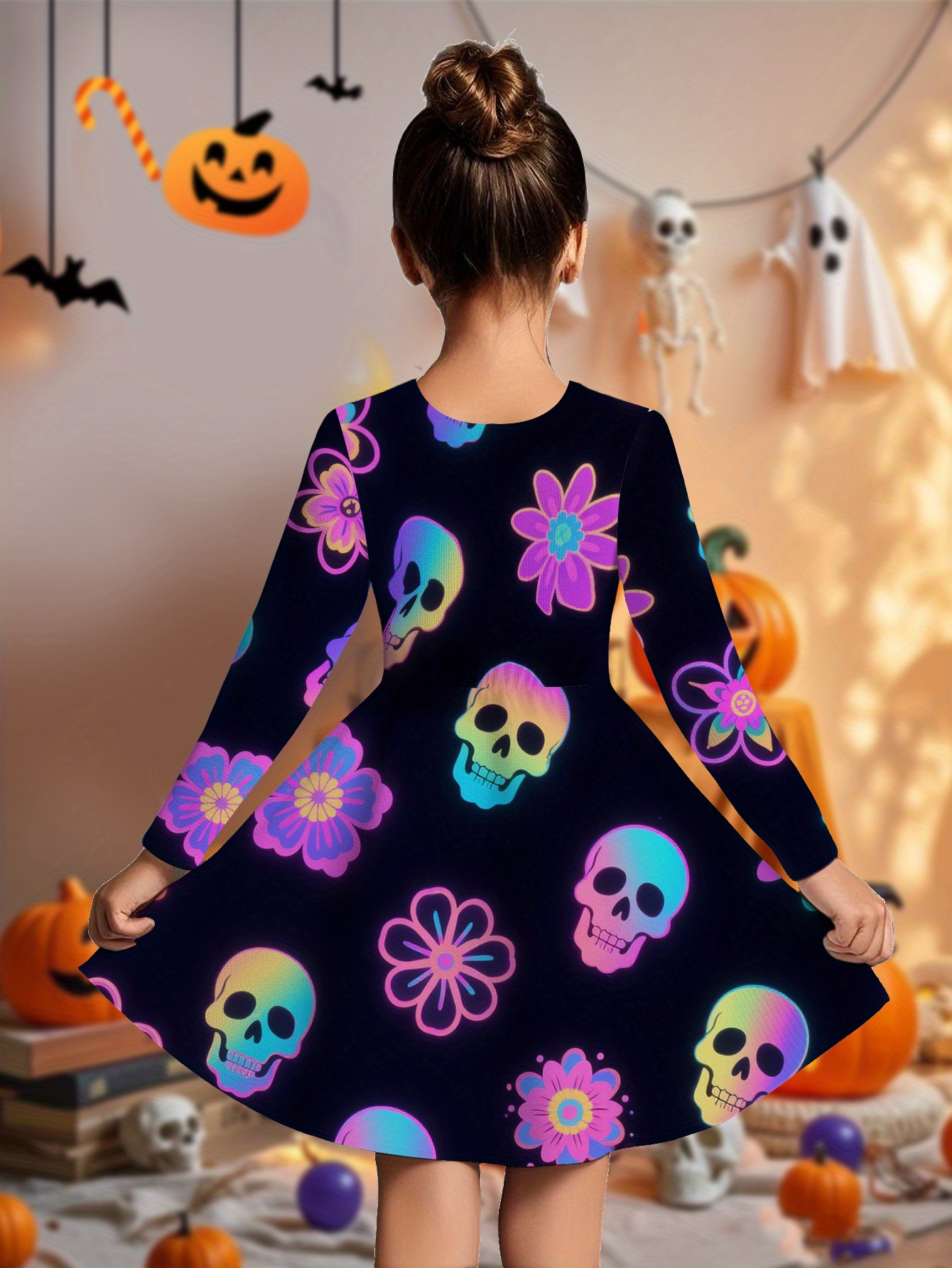 neon glow skull floral print long sleeve dress neon glow - Temu Mauritius