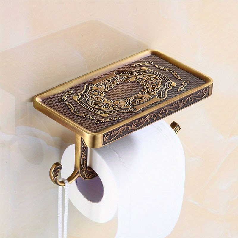 TEMU 1pc Roll Tissue Holder With Shelf-elegant Vintage Toilet Paper Dispenser With Self-adhesive Mount-bathroom Accessories (self-adhesive)