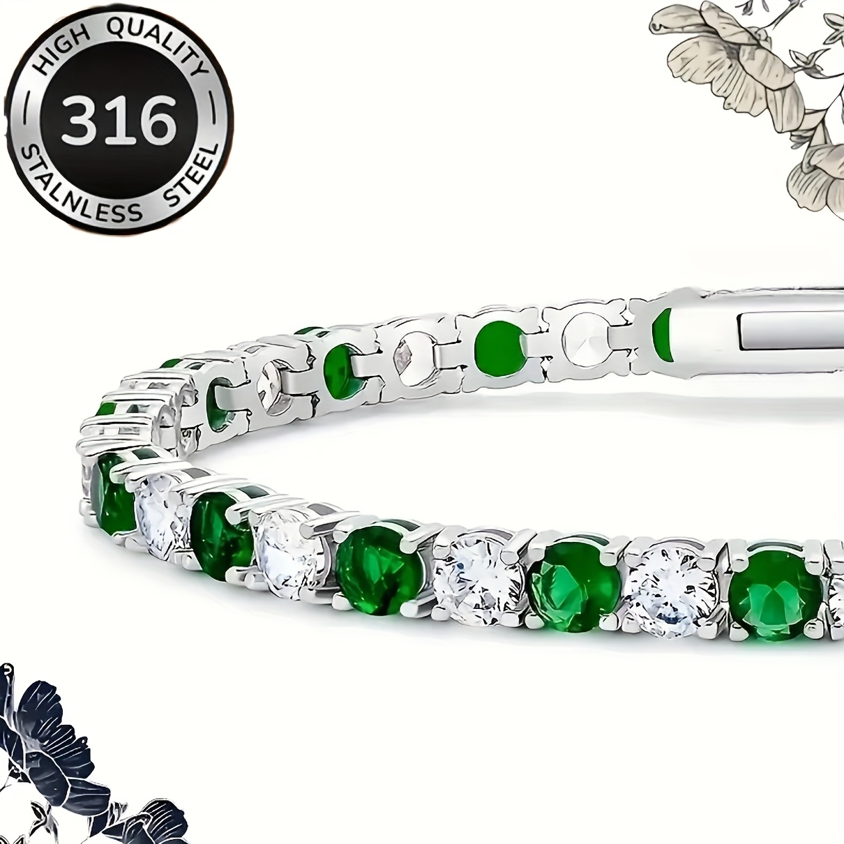 TEMU A High-quality, Light Luxury Unisex Steel Bracelet With Sparkling Green Synthetic Zirconia, A Perfect Anniversary Gift For , Suitable For