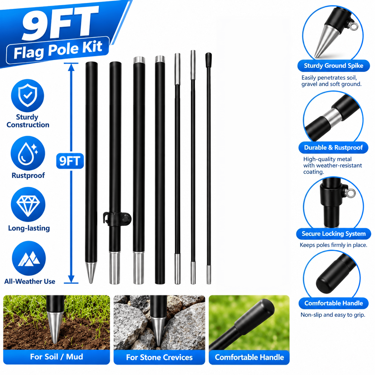 TEMU Portable Feather Flag Pole Kit, 6 Section Aluminum Fiberglass Banner Pole With Ground Stakes & Storage Carry Bag, Outdoor Advertising Display