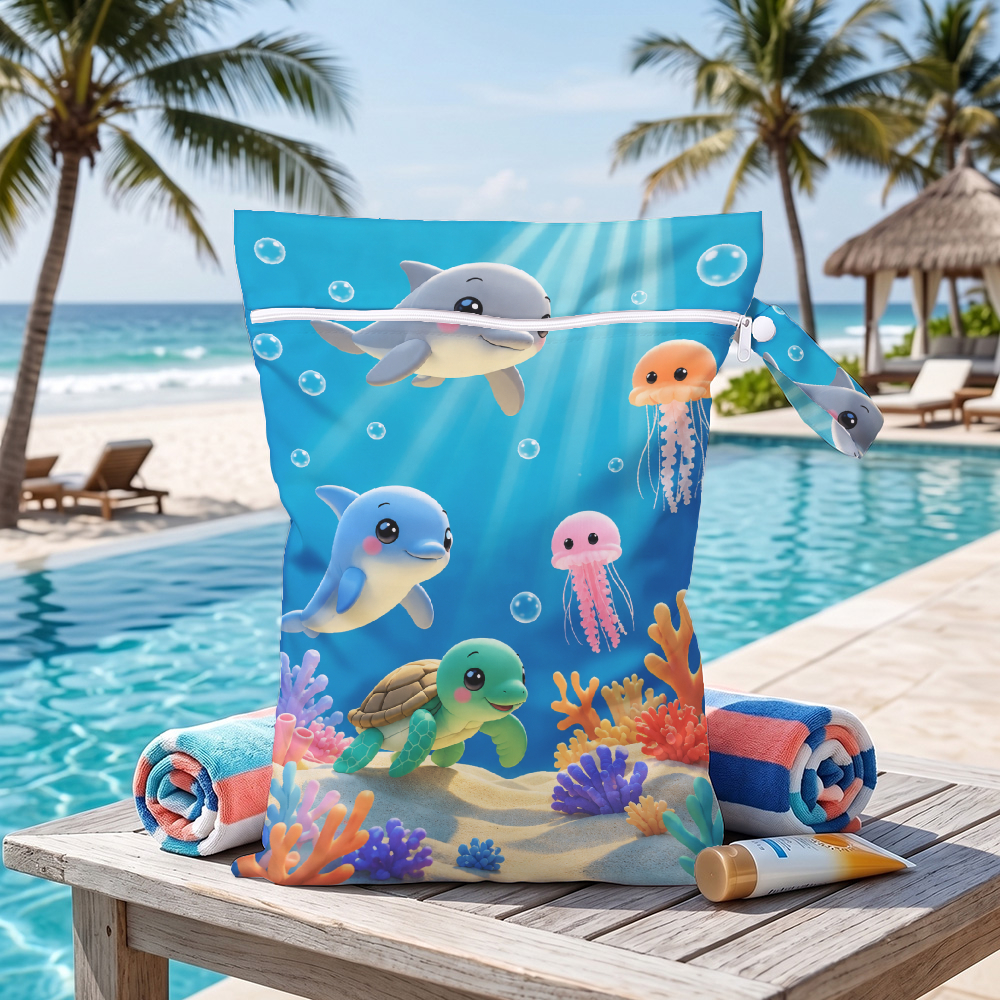 TEMU 1pc Cute Cartoon Underwater Sea Animals Print Wet Dry Bag, Dolphin Jellyfish Turtle Coral Pattern Wet Dry Bag, Reusable Zippered Beach Swim