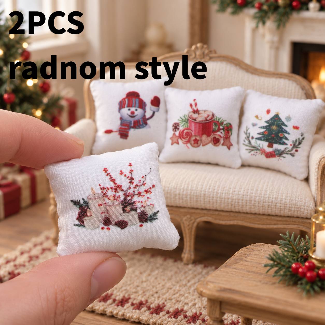 TEMU 2pcs Mini Christmas Style Dollhouse Cushions Random Style, Diy Dollhouse Accessory Models, Miniature Scene Decorations And Photography Props,