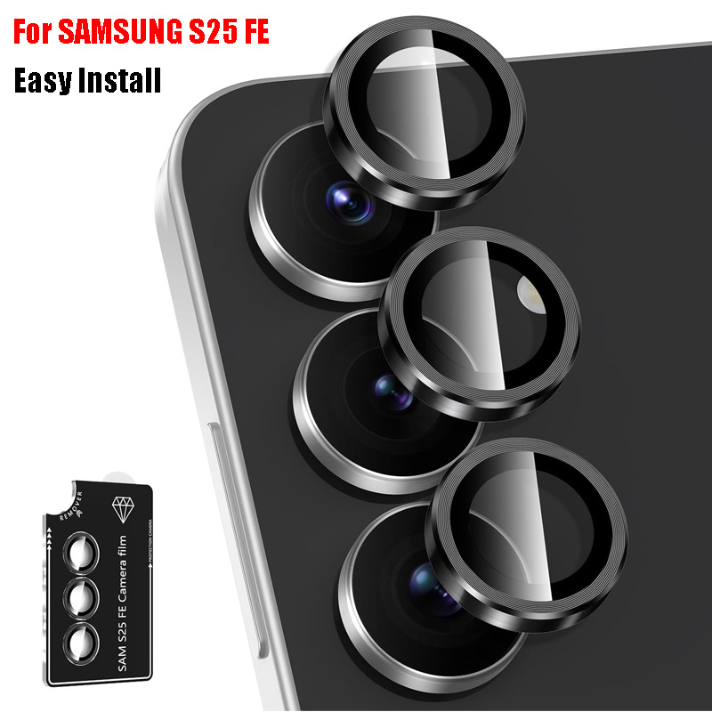 E-shop 1 Set Schwarzer Automatischer Ausrichtungs-Kameraobjektivschutz Geeignet für Samsung Galaxy S25 FE Einzelner Metallring Gehärtetes Glas