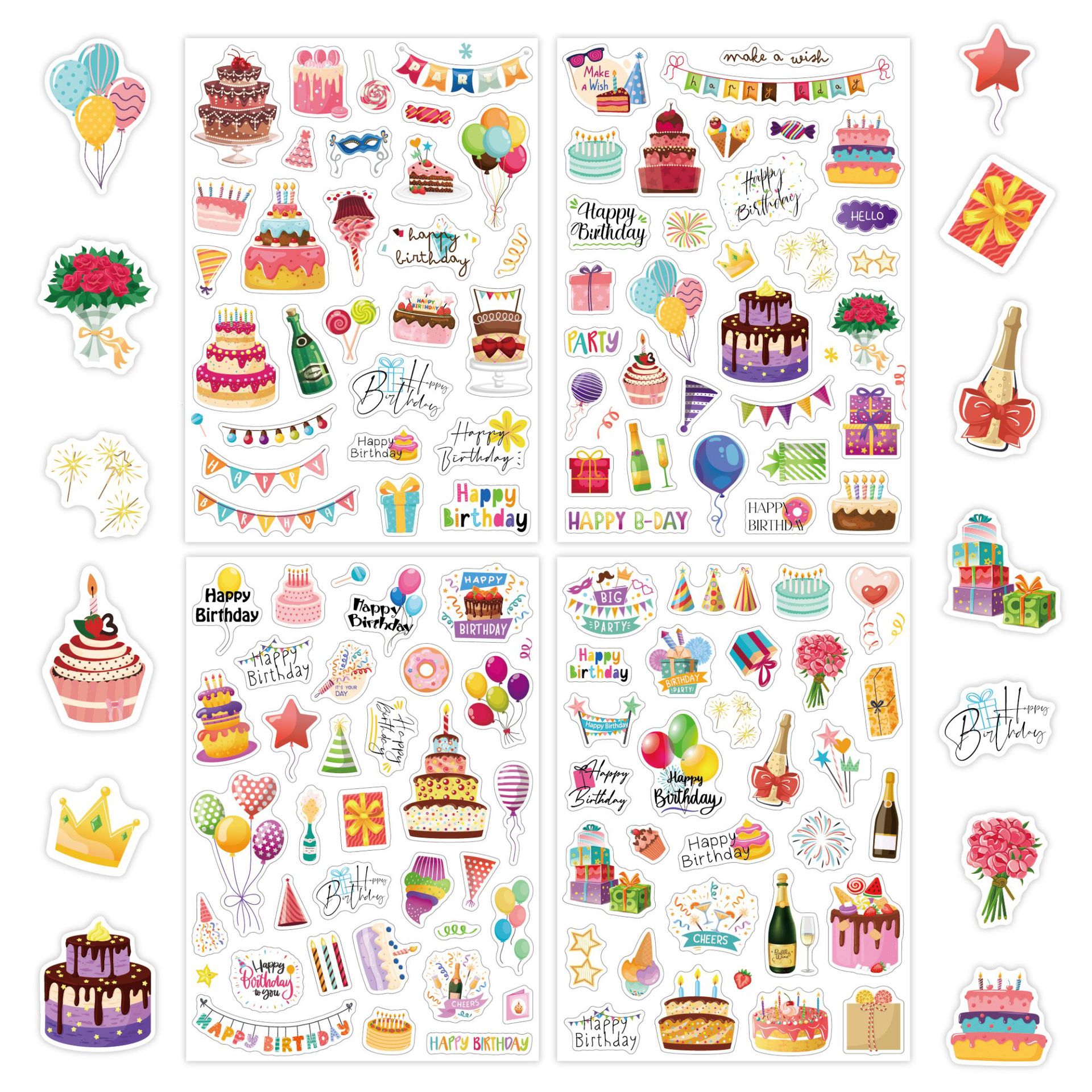 Image of 120pcs/4 Sheets Of Happy Birthday Stickers, Suitable For Birthday Gift Cards, Party Decorations, Scrapbooking, And Decorating Items Like Phones, Water Bottles, Luggage, Notebooks, Etc