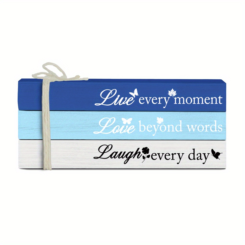 TEMU Putuo Decor 3pcs Wood Tiered Tray Decor, Live Moment Words Laugh Day, Wooden Stacked Books Decoration For Home Farmhouse Fireplace Living Room,