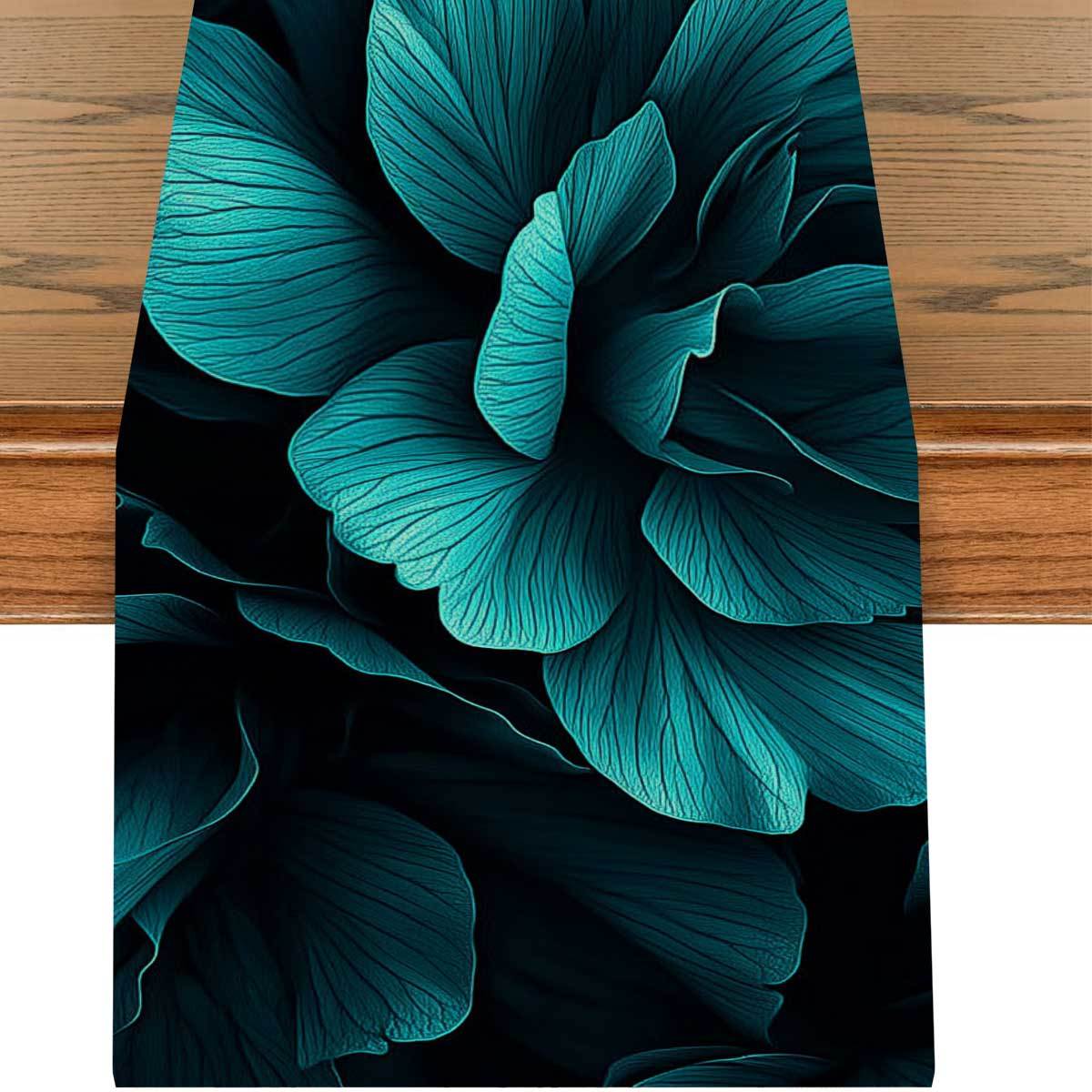 TEMU 1pc, Teal Abstract Table Runner For Desktop Decoration, Long Image, Petal Texture, Details, Floral Pattern, Clear, Home Decor, Decoration,