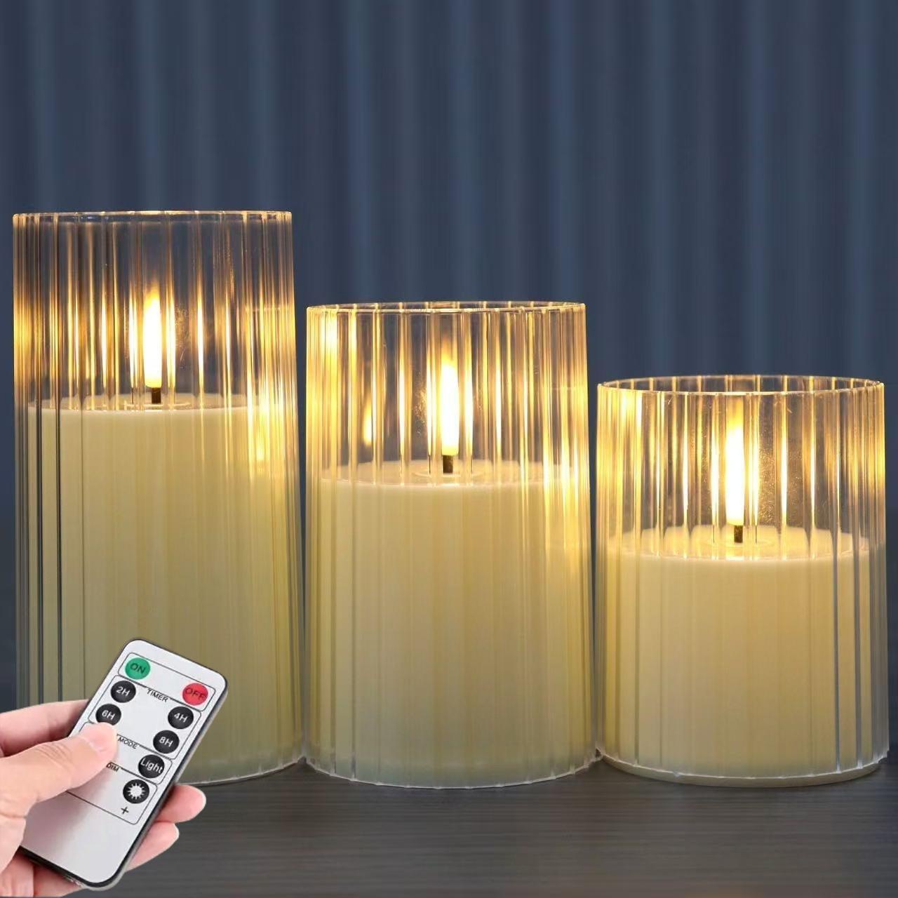 TEMU Lot de 3 bougies LED flamme côtelées à piles avec télécommande, bougies chaudes scintillantes avec minuterie, bougies électriques pour mariage,