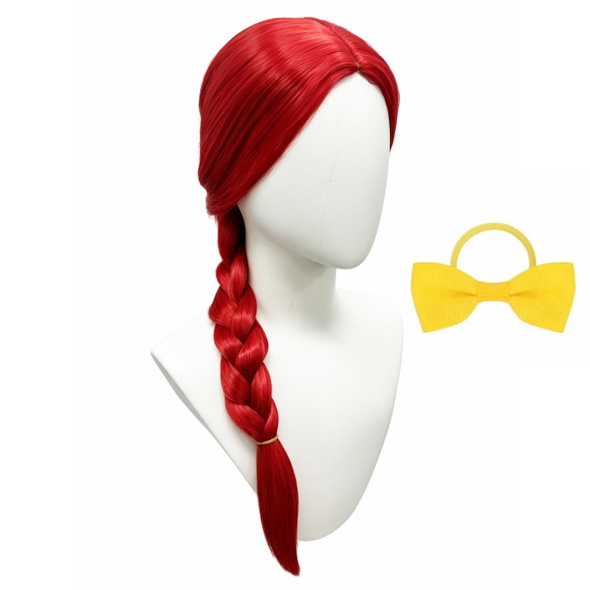 TEMU Perruque longue tressée à une seule face avec accessoire de nœud jaune, cheveux lisses et raides longs à la au pour femmes, couvre-tête intégral