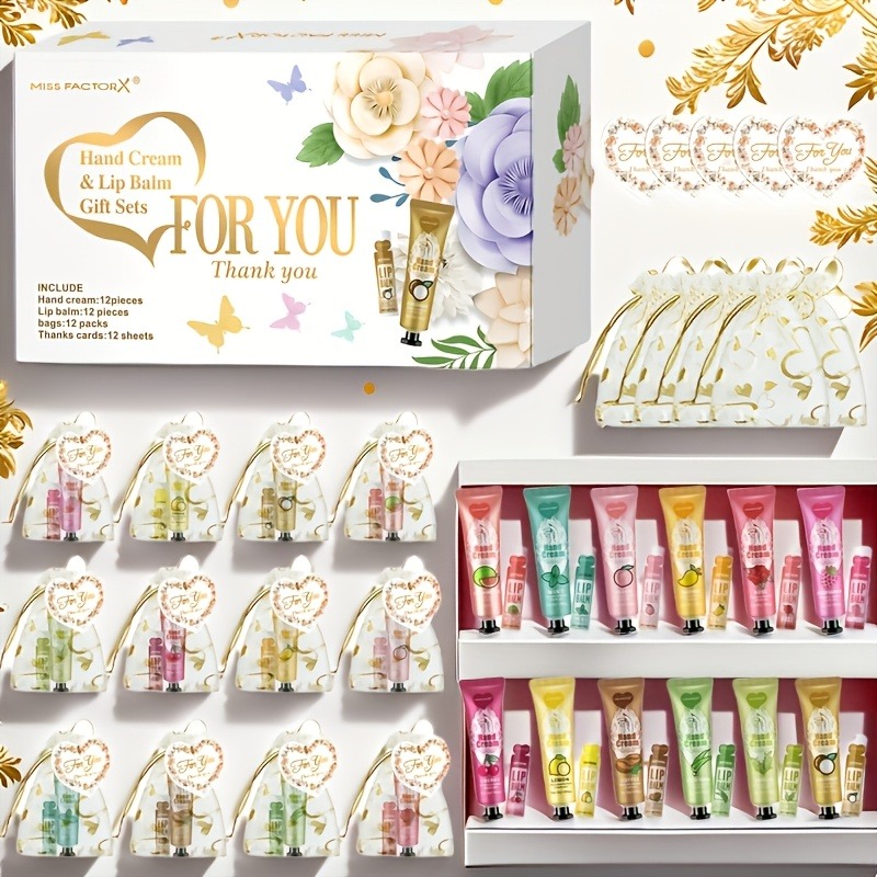 TEMU A 48-item Featuring Hand Cream And Lip Balm, Including 12 Lip Balms, 12 Embossed White Heart-shaped Bags, And 12 Thank-you Cards. Perfect For