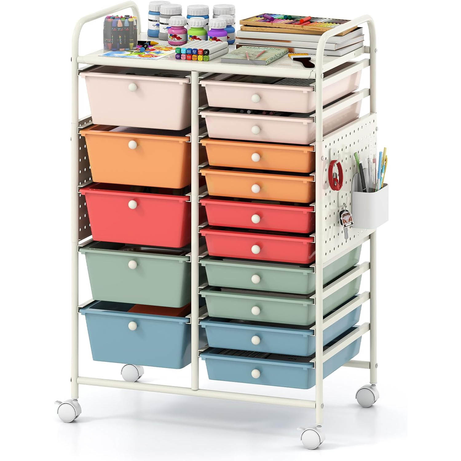 TEMU 15-drawer Heavy-duty Rolling Storage Cart With Locking Wheels & Pegboard Tabletop - Mobile Utility Organizer Trolley Suitable For Arts & Crafts,