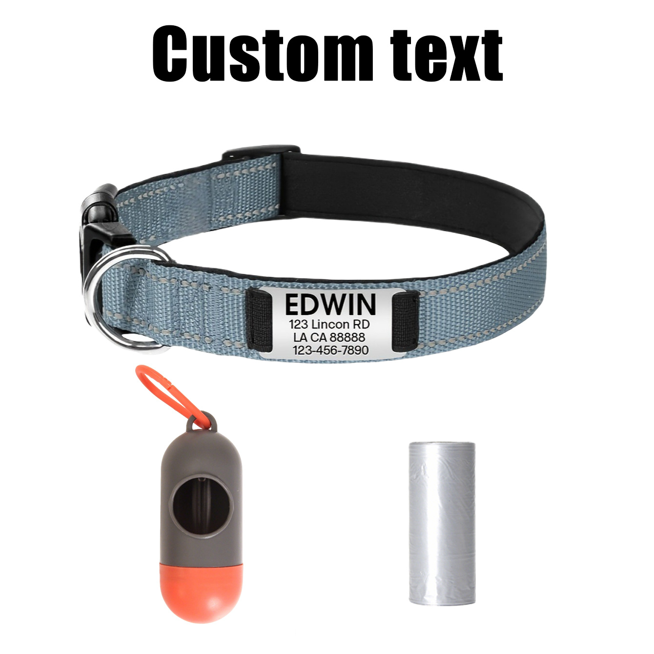 TEMU Pet Customization Set, Includes A Custom Pet Collar With Waste Bags And Dispenser. Nylon Material With Neoprene Lining, Quiet, Comfortable, And