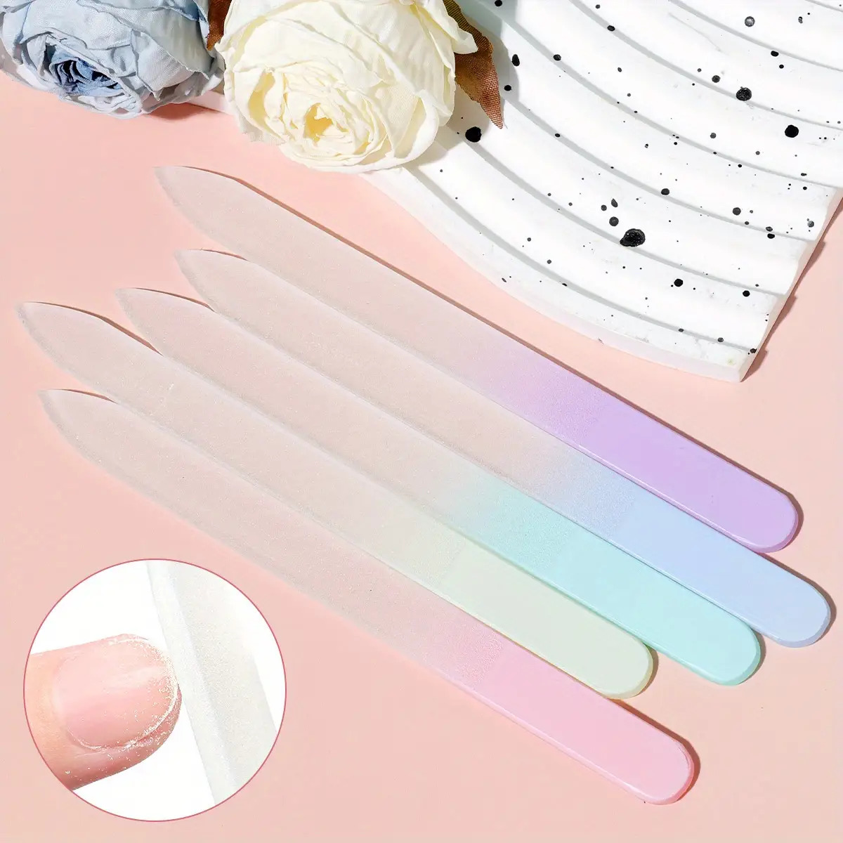 E-shop 5-teiliges Set aus mattierten Glas-Nagelfeilen – Zweiseitiges, duftfreies Nagelpflege-Werkzeug für natürliche Acrylnägel, sanfte Pflege in Rosa,