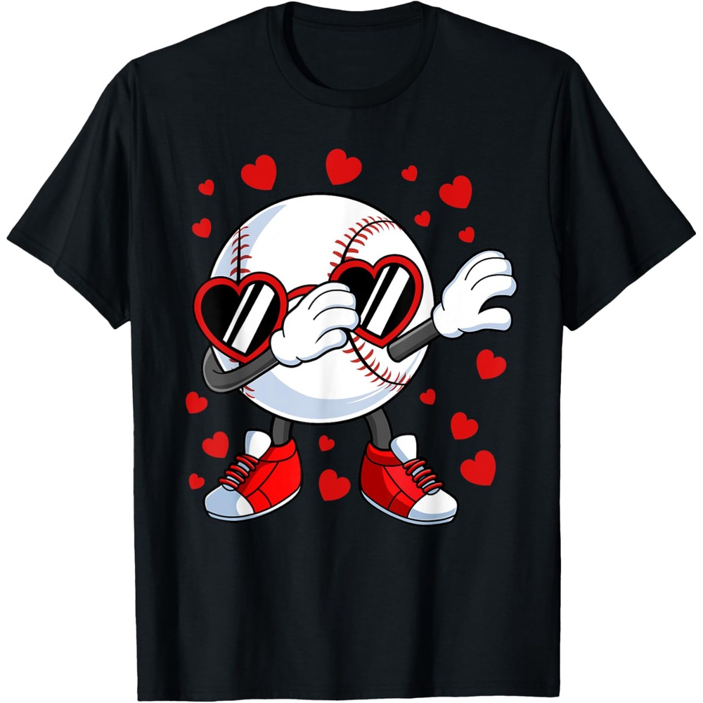 

Valentine's Day Dabbing Baseball Heart Print Boys' T-shirt - Breathable Cotton, Casual Fit With Crew Neck & Short Sleeves - Perfect Gift For