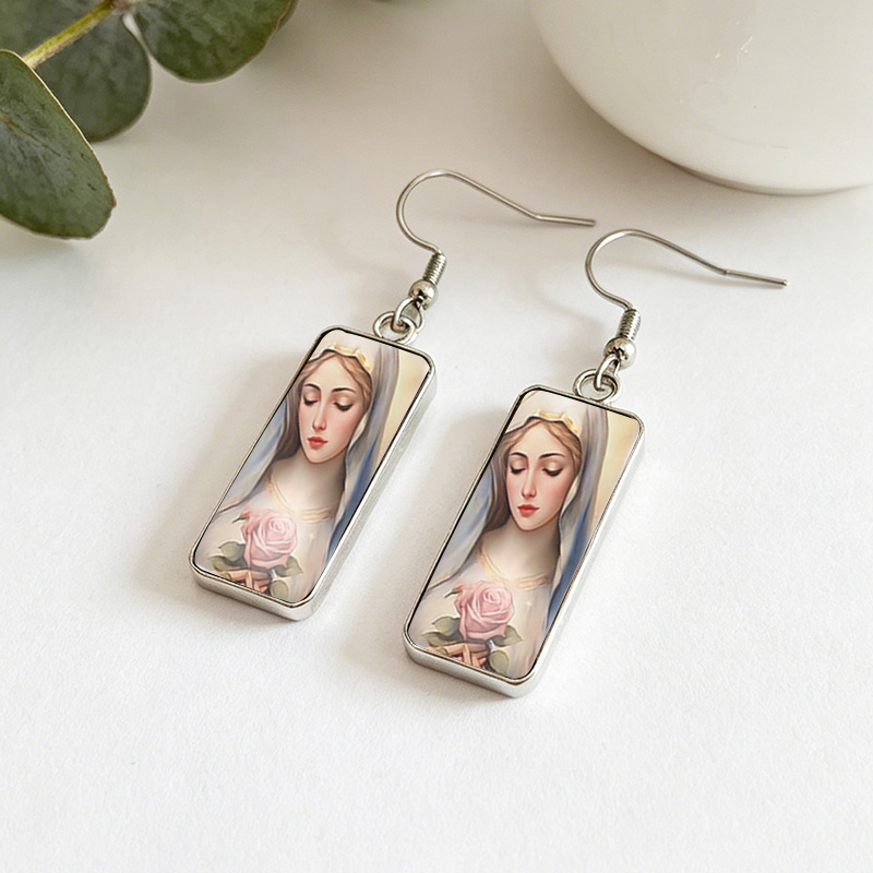 Holding Pink Rose Rectangular Glass Cabochon Dangle Earrings
