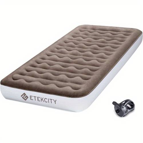 twin size camping air mattress with wireless rechargeable pump 90 second inflation 9 raised height 2 in 1 puncture resistant flocked top high quality pvc storage bag for camping hiking guest bed brown air mattress for camping outdoor sleeping durable construction