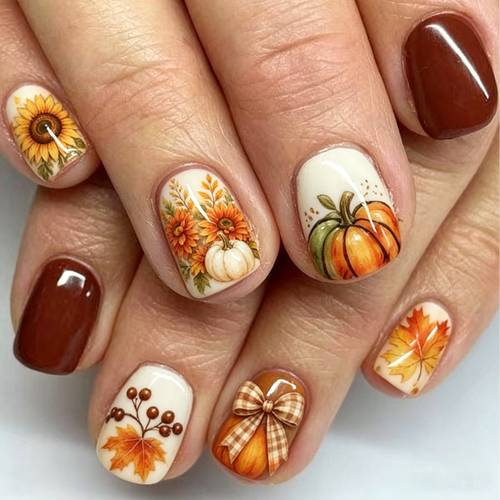 46pcs short square press on nails suitable for hands feet autumn fall nails with plaid bow sunflower berry maple leaf glossy tips machine nail tips for thanksgiving application for women