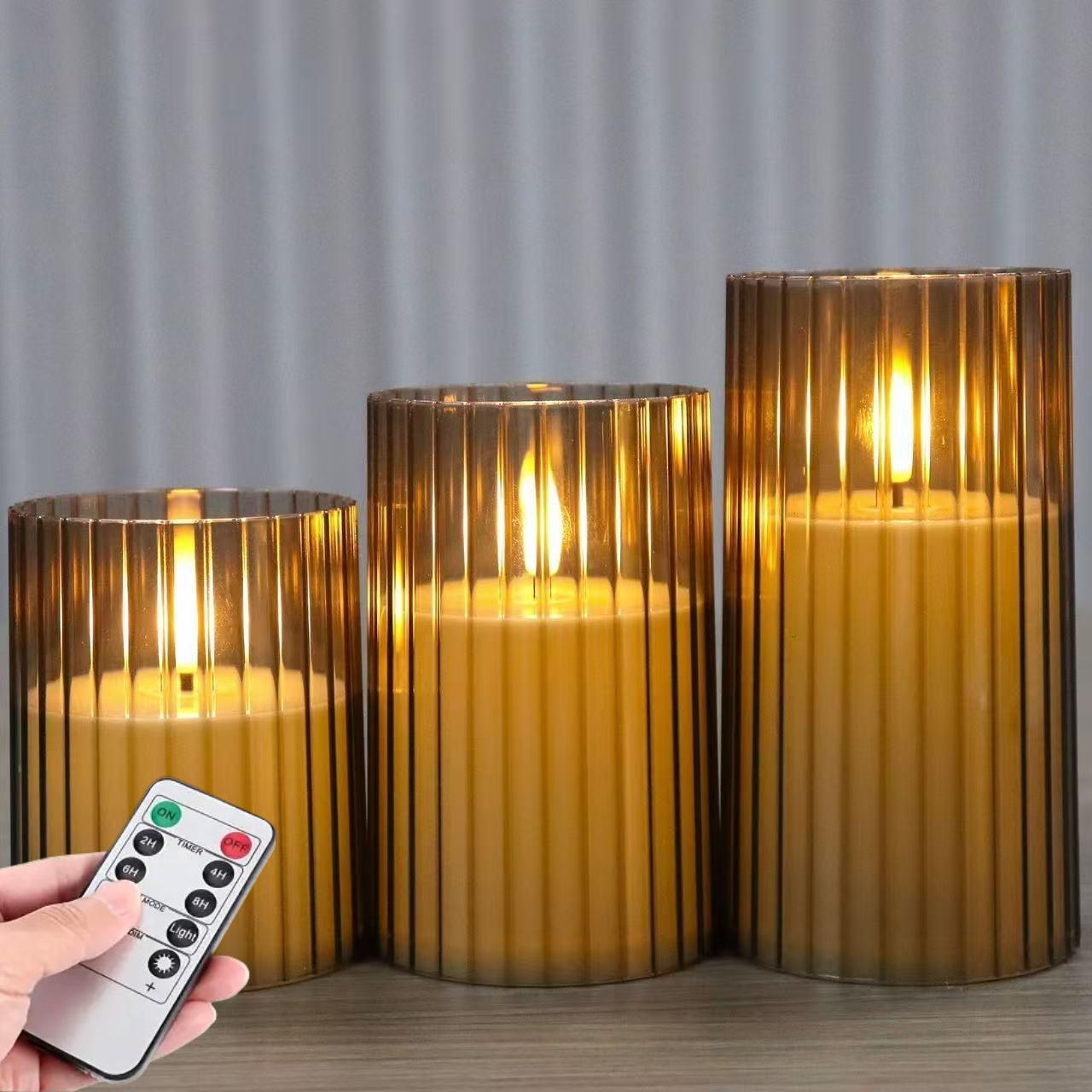 TEMU Lot de 3 bougies LED flamme côtelées à piles avec télécommande, bougies chaudes scintillantes avec minuterie, bougies électriques pour mariage,