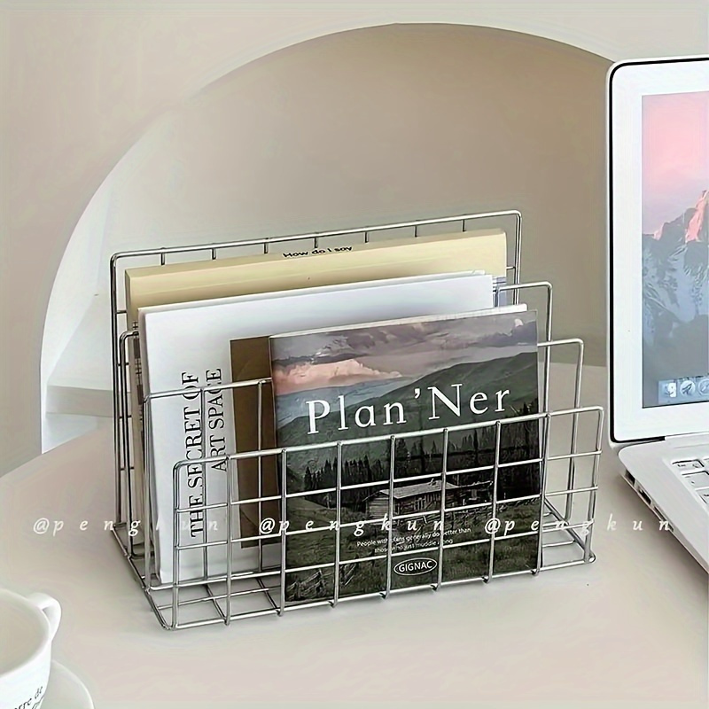 

Premium Bookshelf - Stylish Silvery Magazine & Newspaper Organizer With Storage Basket For Home Office