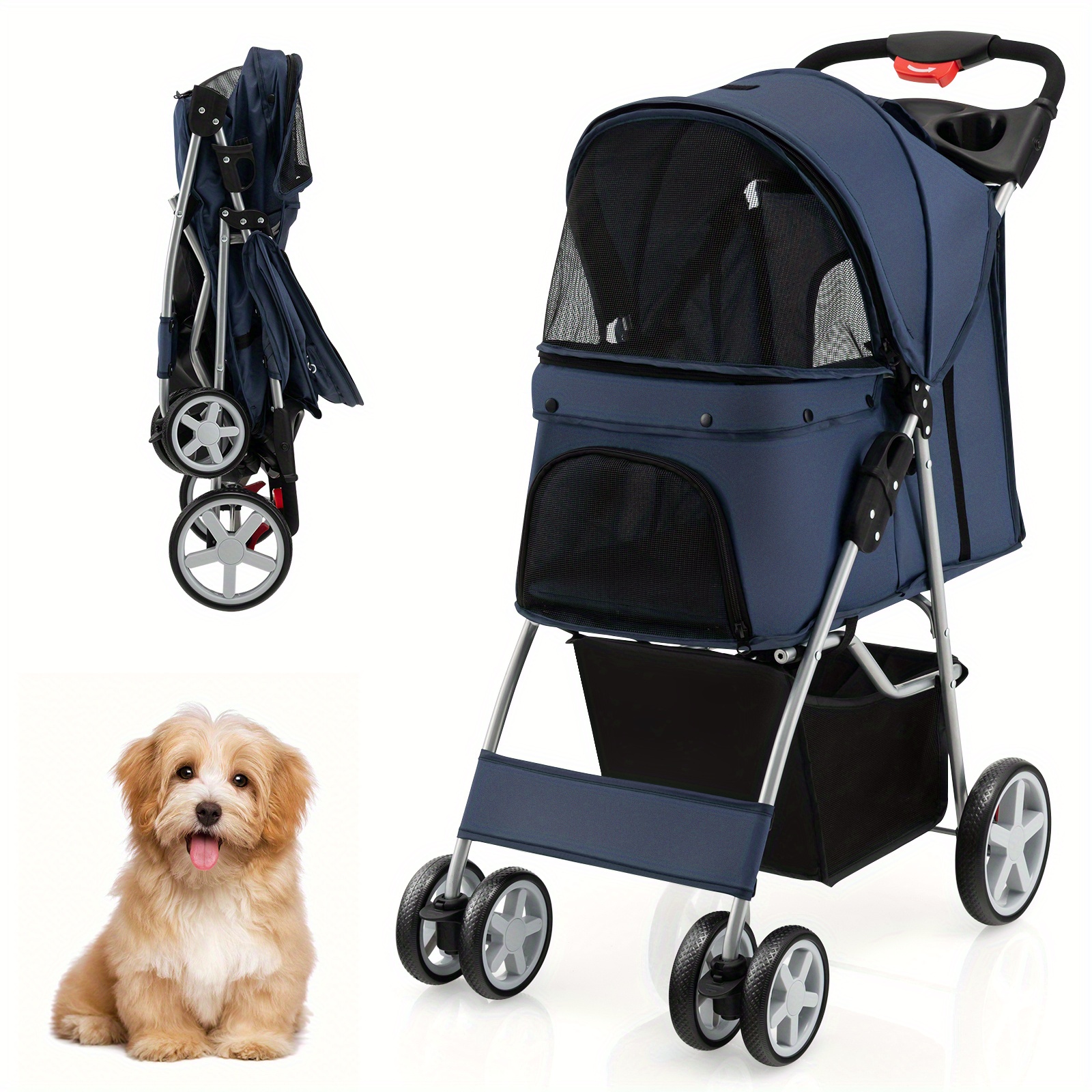 Pet Stroller With , A Portable Travel Carrier Featuring A Storage Basket, Mesh Window, Smooth Zipper, And Cup Holder, Designed For One-handed Folding