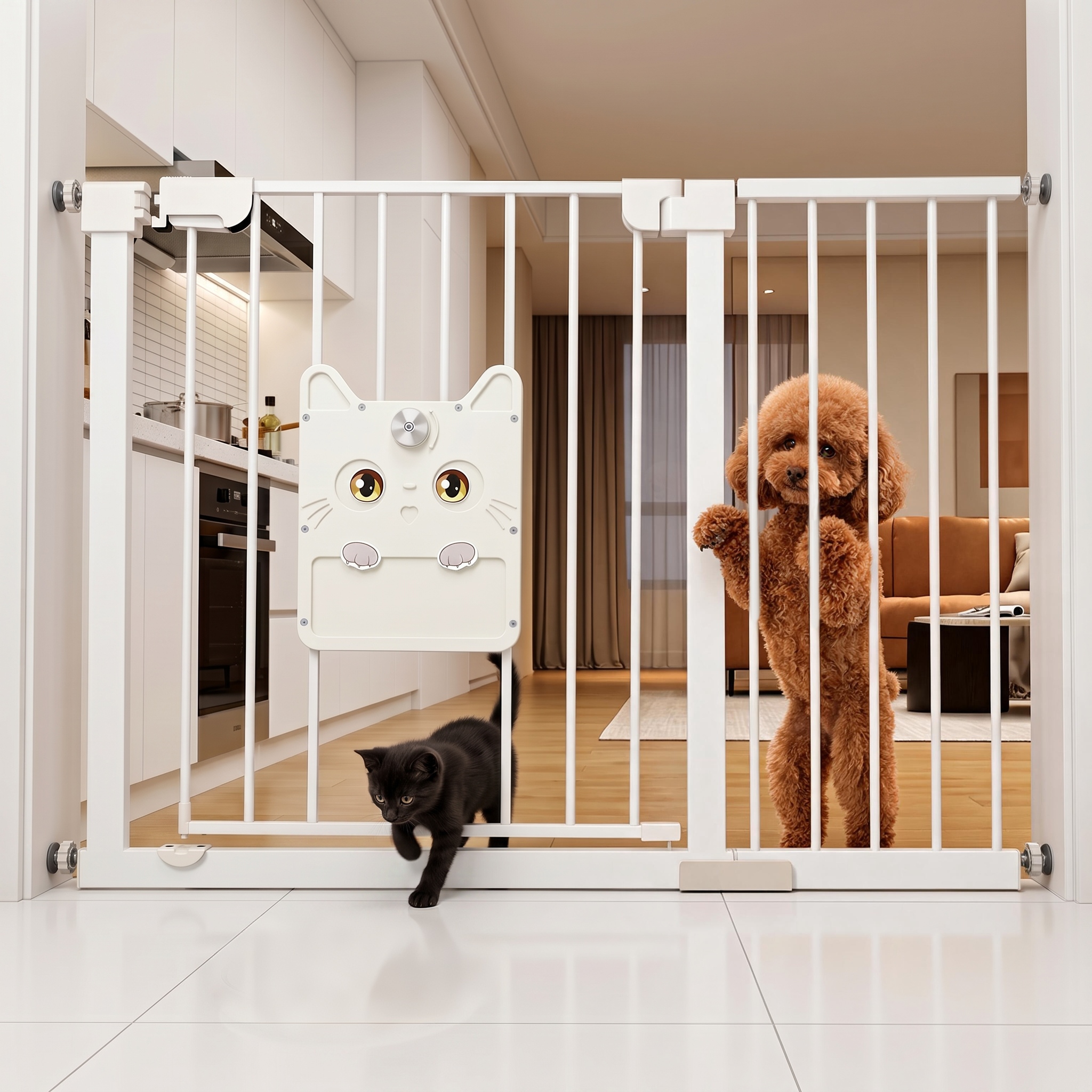 Image of Pet Safety Gate Installation With 4 Clamping Points, Dual- Opening, Built-in Small Pet Door For Cats/dogs, Multiple Sizes , Safety Lock Closure, For Door Frames//, White/