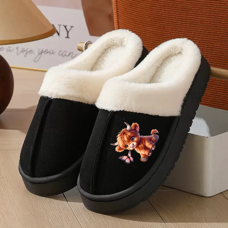 TEMU Cow Cartoon Print Women's Home Slippers - Warm Breathable Sole Non-slip Indoor Slippers, Plush Lining Stylish Lace Trim, Plus Size Women Winter