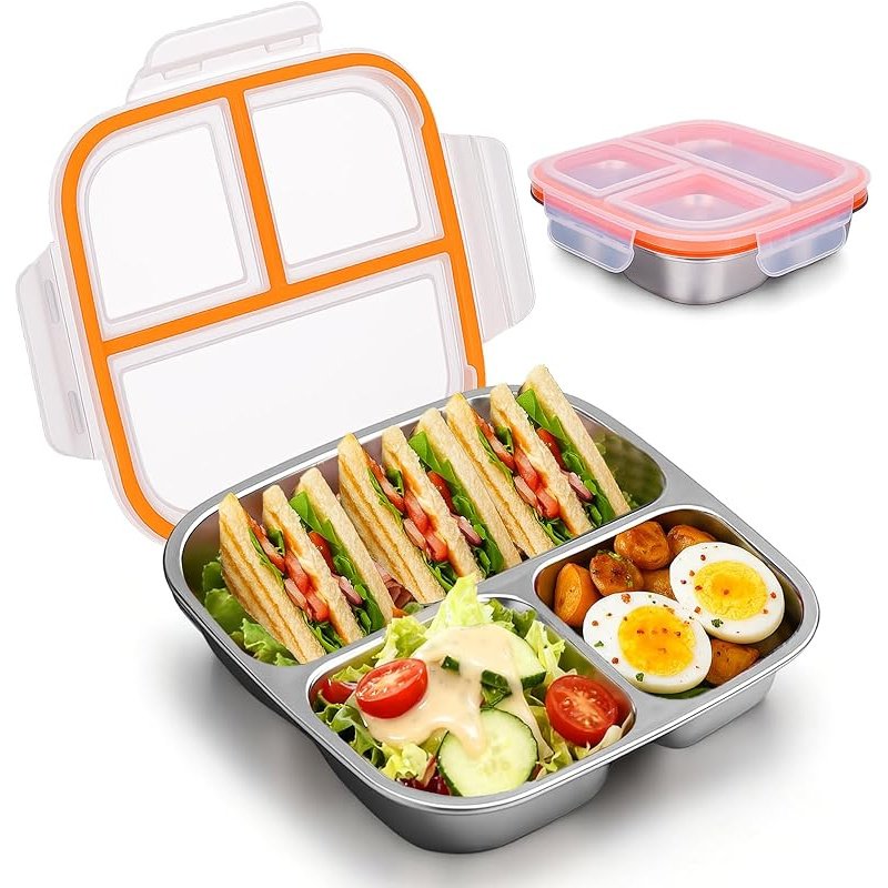 TEMU Lunch Box Containers Stainless Steel, Bento Lunch Box For Adults Men Women, 3-compartments Metal Food Storage Containers With Leakproof Lids For
