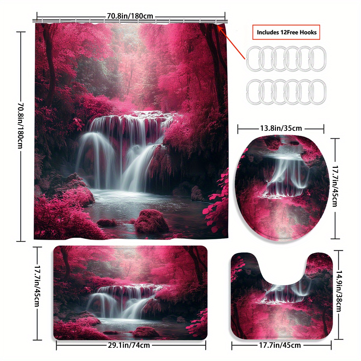 4pcs Natural Landscape Red Leaf Forest Shower Curtain Set, Washable Fabric