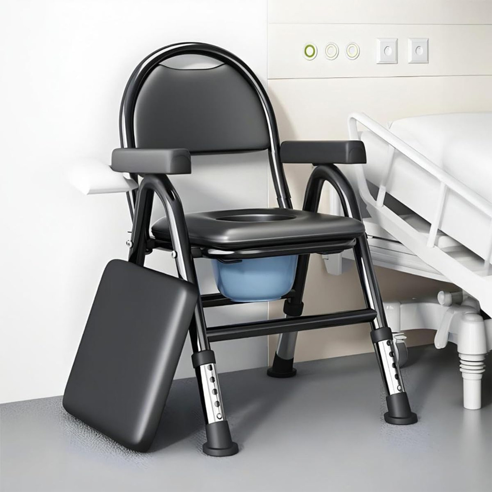 Image of Portable Folding Commode Chair With & Back Support - Heavy-duty /disabled/pregnant Person Toilet Seat, Bedside Potty For Seniors, /bedtime Use, Space- Design (black)