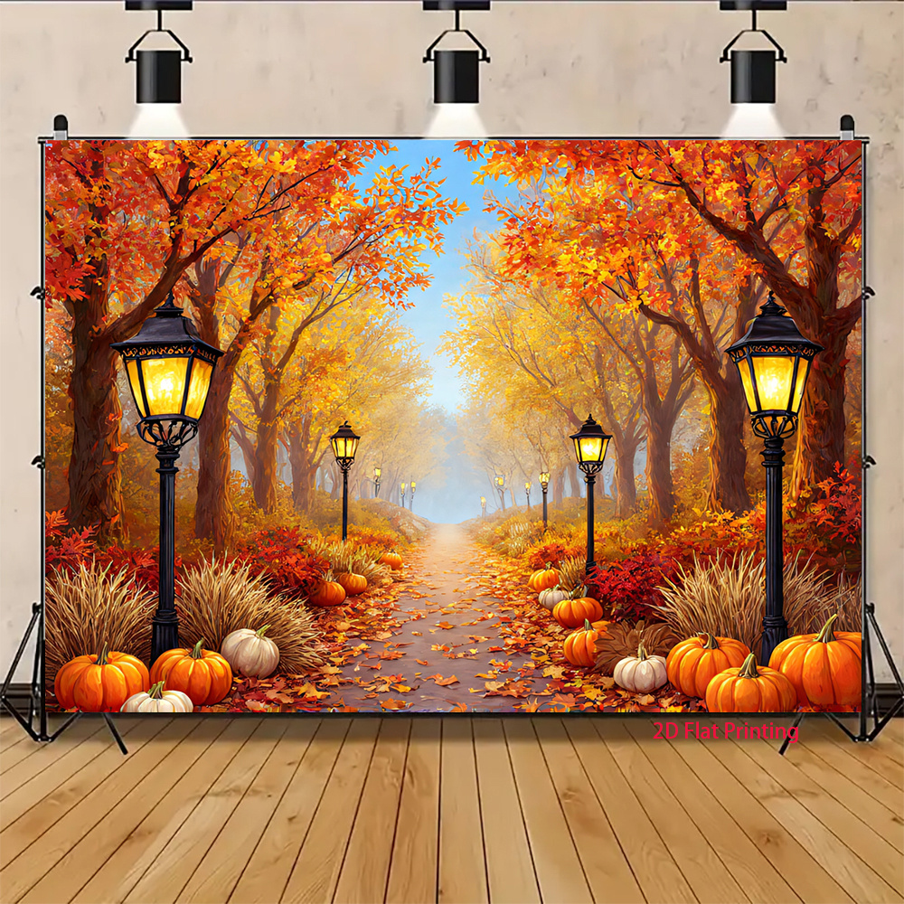Autumn Forest Path Lantern and Pumpkin 2D Flat Banner, UV Printed Polyester Fabric