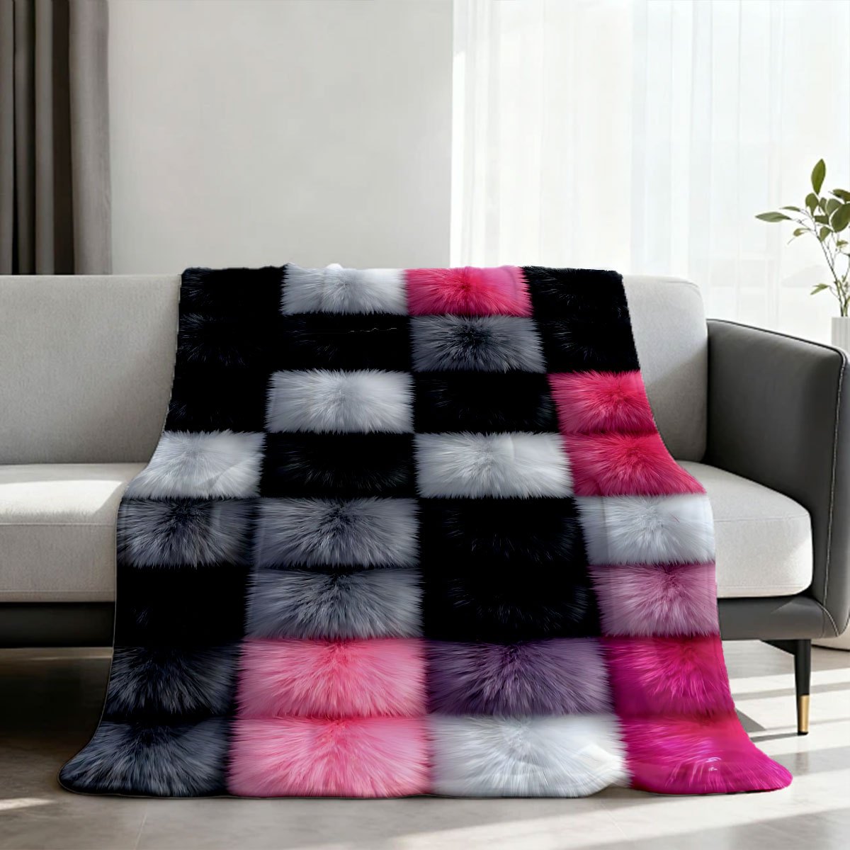TEMU 1pc , White, And Gray Checkerboard Pattern, Incorporating Pink, Bright Rose Red, And Light Purple Blocks, Presenting An Ultra-fluffy/long Plush