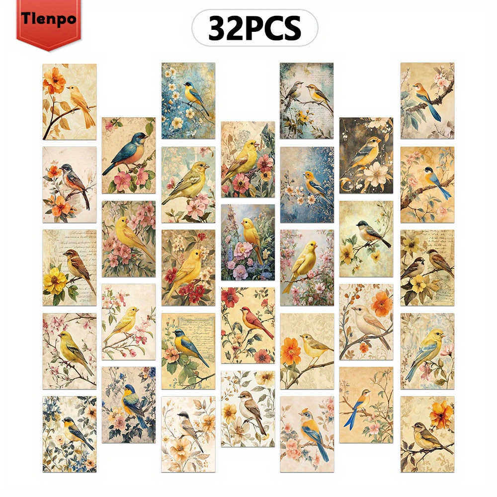 E-shop 32 Stück, Vintage Blumen- und Vögel-Postkarten-Set - Lebendige Blumenkunst mit Vögeln, Sammelobjekte für Vogelfreunde, Handgezeichnete Blumen,