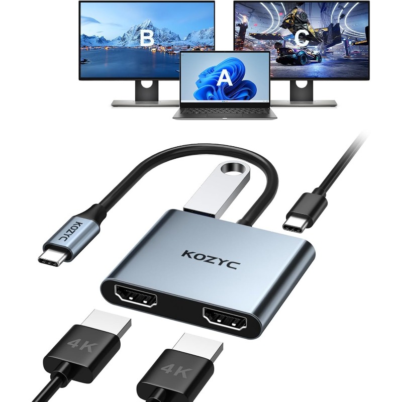 KOZYC USB-C to Dual HDTV Adapter, 4K@30Hz USB-C Hub with 2x HDTV, USB 3.0, 100W PD, USB-C to HDTV Splitter, Extended Display for Windows MST, macOS (Only SST), Compatible with Mac Pro/Air, Dell XPS