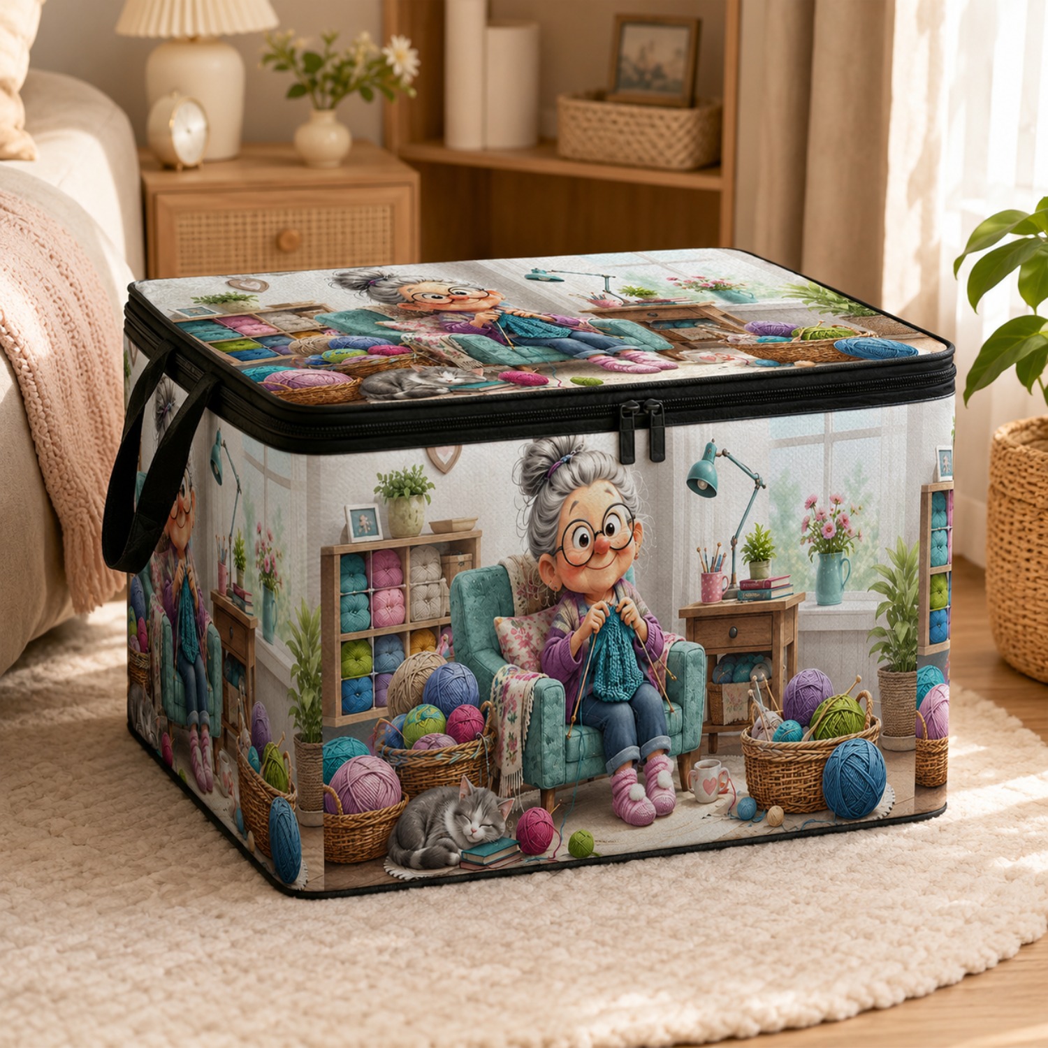TEMU 1pc Large Capacity Storage Box, Warm Retro Grandma Knitting Yarn Indoor Scene Pattern Printed Storage Box, Foldable Lid-style Storage Box With