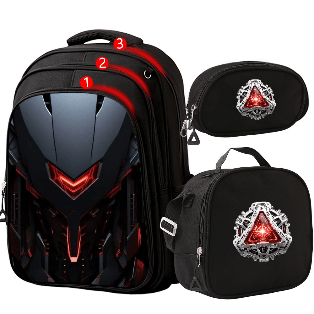TEMU 3pcs Backpack Bundle, Futuristic Robot Mecha Face Theme Large Capacity Travel Bag With Matching Crossbody Carrier And Accessory Pouch, Durable