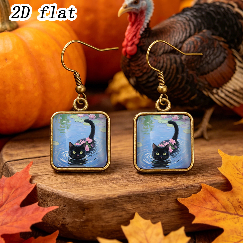 Women's 2D Flat Black Cat & Lotus Pond Square Dangle Earrings