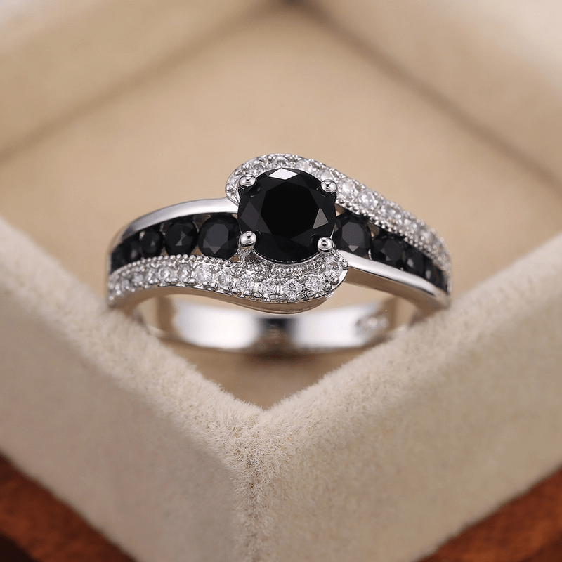 TEMU Elegant Luxurious Exquisite Black Round Women's Ring Suitable For Parties Banquets Engagement Ladies Jewelry Gift