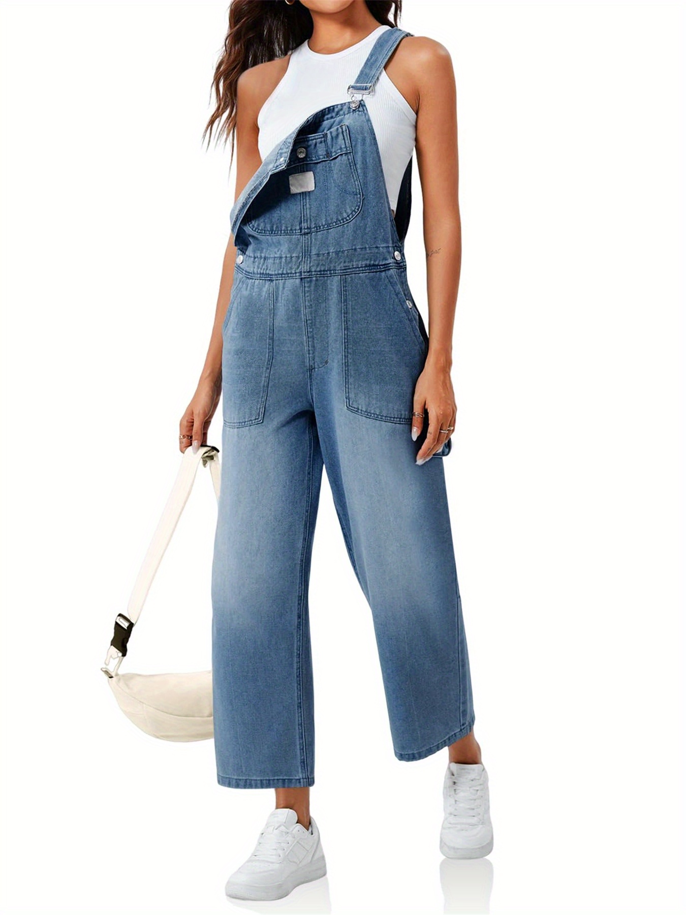 Women's Baggy Denim Overalls - Printed Pocket, Adjustable Straps, Wide Leg Jumpsuit, Casual Summer Outfit