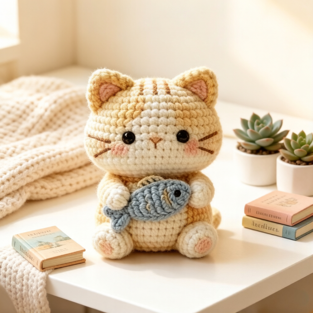 1pc complete diy cat with fish crochet kit suitable for beginners amigurumi craft set with yarn tools tutorial handmade orange kitten plush yarn   crochet project for kids adults   gift for crafters Product details 0