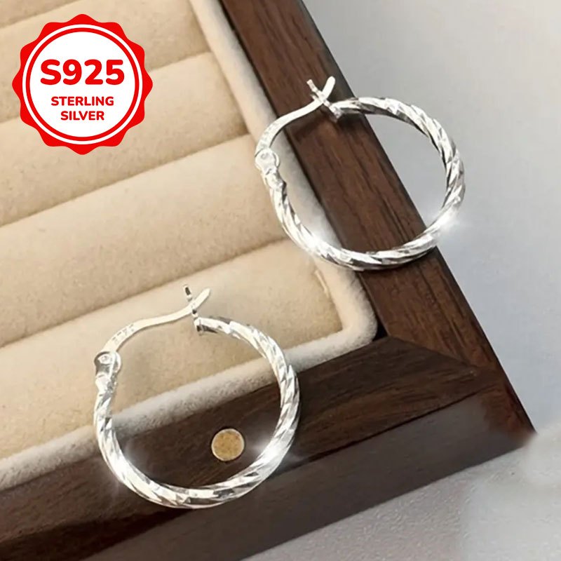 Women's 925 Sterling Silver Twisted Textured Small Circle Earrings