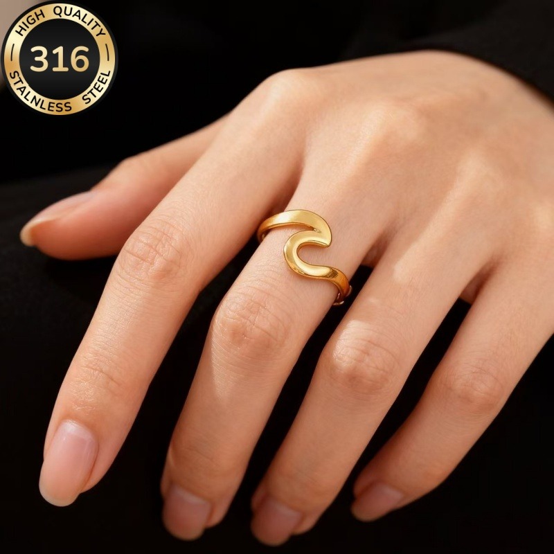 Hypoallergenic Golden Stainless Steel Open Ring with Wavy Curve