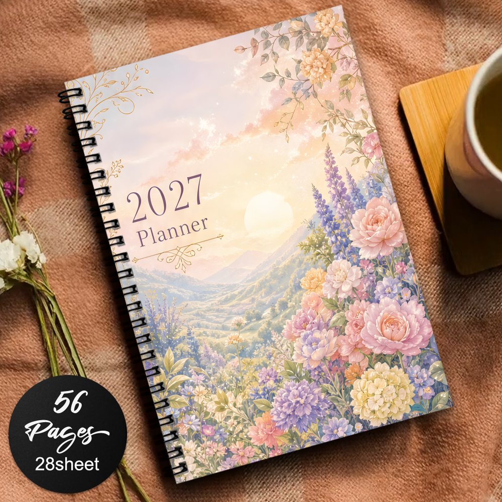 TEMU 1pc 2027 Planner Spiral Hardcover Monthly Calendar Notebook, Goals And To-do List Planner Organizer With Watercolor Sunset Landscape Cover For