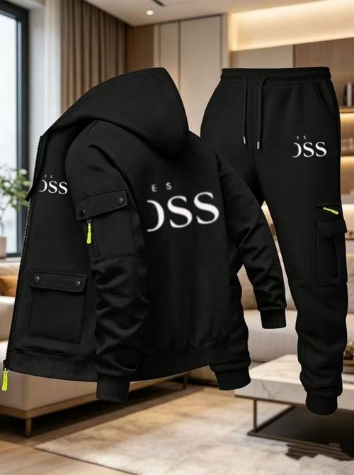 item picture mens multi pocket cargo hooded sweatshirt and jogger set letter athletic versatile 2pcs outfit