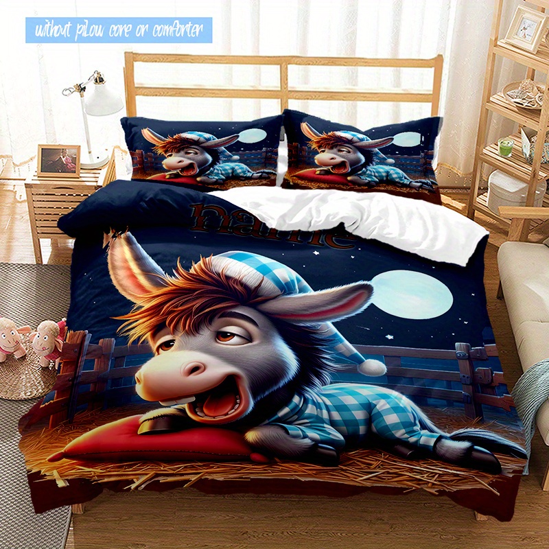 

3pcs Custom Name Cartoon Donkey Bedding Set Duvet Cover Closure Includes 1 Duvet Cover & 2 Pillowcases For All Bedroom Decor