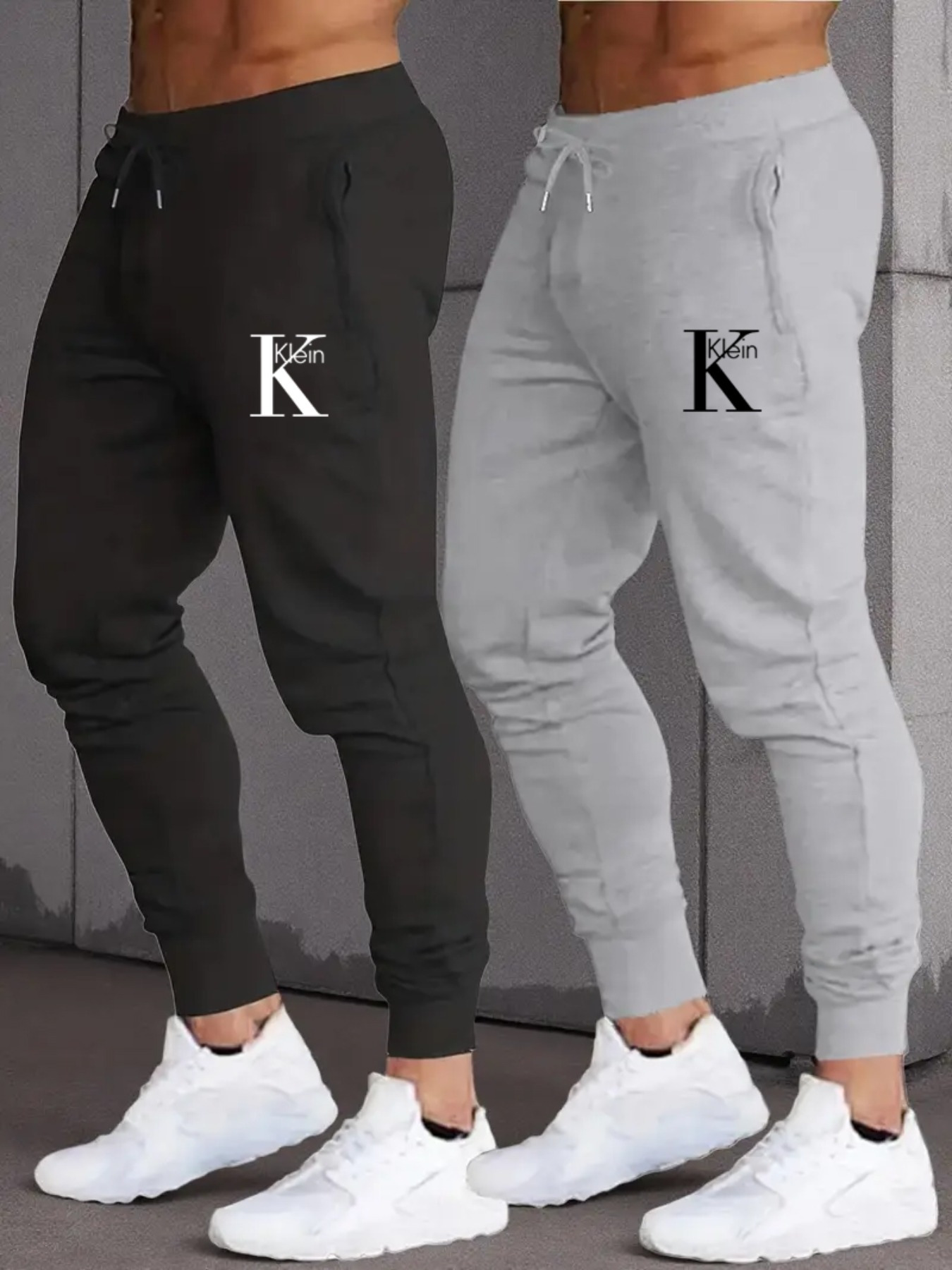 Men's Casual Joggers with Letter klein Print, Two-Pack, 100% Polyester Knit Fabric Elastic Waistband Loose Fit Drawstring + Cuffed Legs, Trendy Sports Pants for All Seasons, Workout Pants, Everyday Pants, Streetwear Fashion, Jogger Style, Lightweight Pants, Breathable Fabric, Printed Joggers, Twopack Pants, Men's Fashion, Urban Style