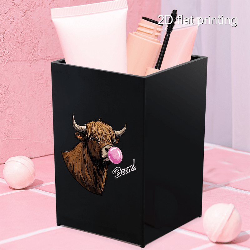 1pc cute bubble gum cow design makeup brush holder portable dustproof cosmetic organizer for brushes eyebrow pencils black plastic vanity storage box with highland cow illustration vanity storage solution   design sleek organizer Product details 2