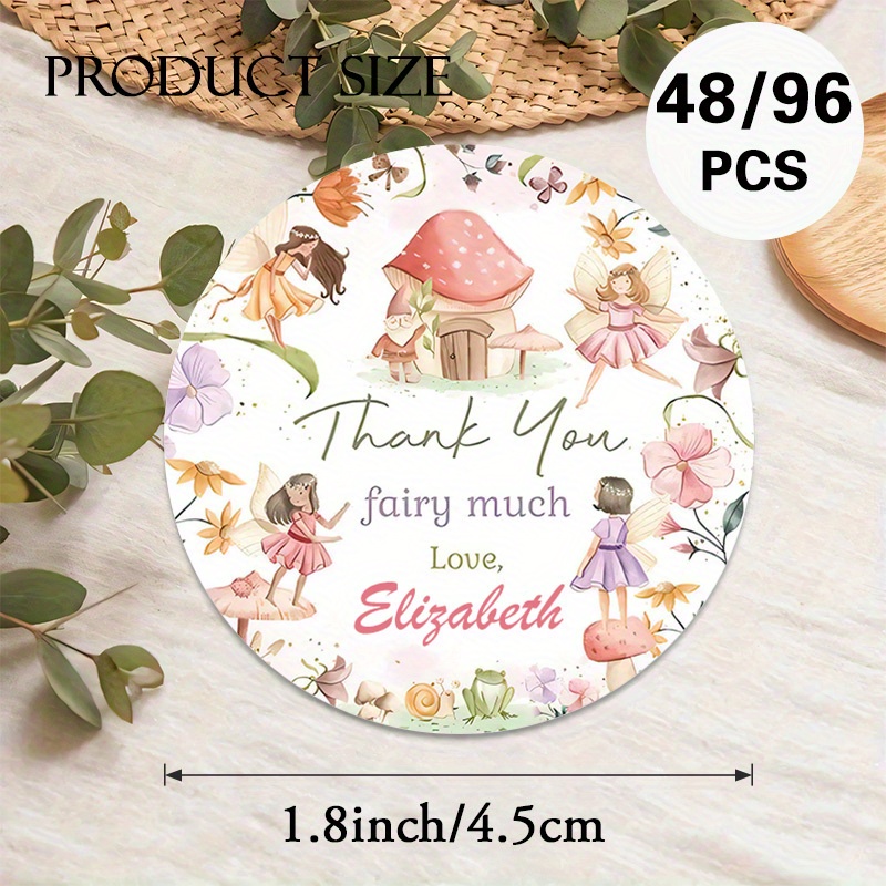 TEMU 48/96pcs Of Custom Thank You Round Stickers With A Fairy Theme - Personalized With Names, Featuring A Whimsical Design Of Fairies, Mushrooms,