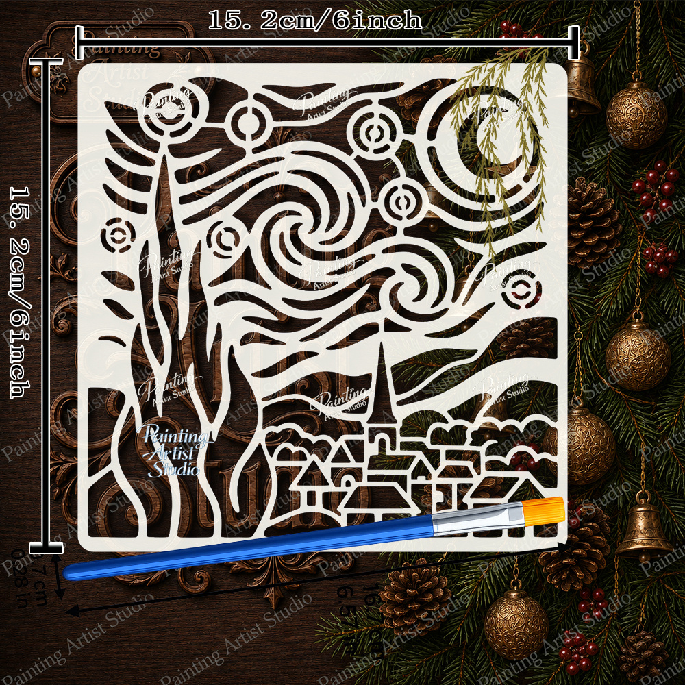 TEMU 2pcs Starry Night Village Painting Template - Starry Sky - Church - Woodland Cabin Complex And Clouds Template - Paintbrush - Decor - Crafts,
