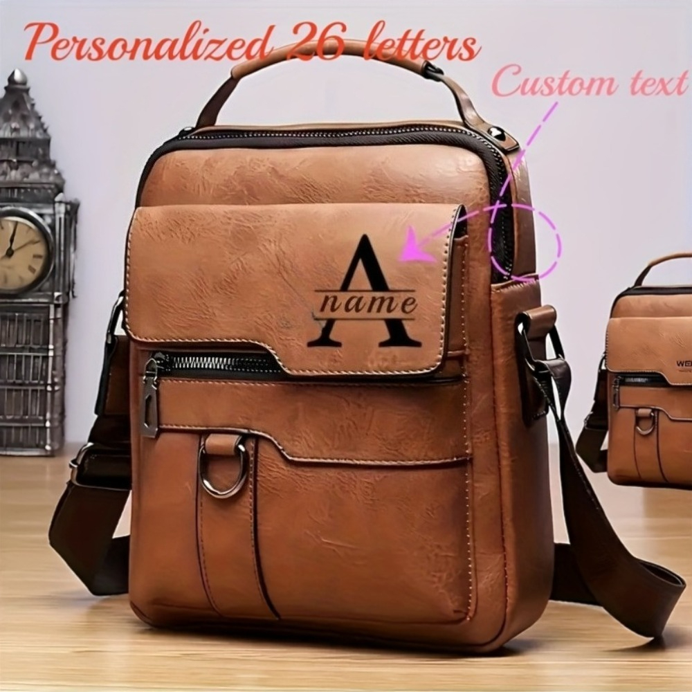 TEMU Men's Synthetic Leather Messenger Bag With Custom Logo/text - Adjustable Crossbody/shoulder Strap, Front Flap & Zippered Pocket Suitable For