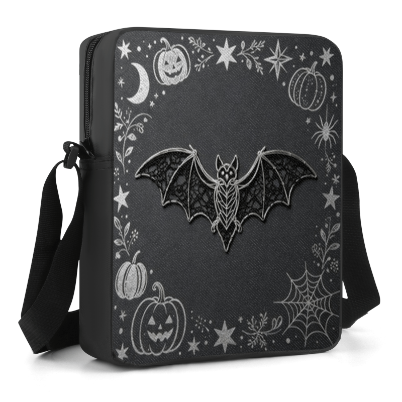 TEMU Black Background Silver Line Sketch Bat Pumpkin Web Border Pattern 2d Flat Printing Crossbody Bag, Large Capacity Lightweight Shoulder Bag, Dark